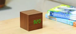Gingko - Wooden Cube Click Clock Walnut/ Green LED