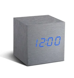 Gingko - Wooden Cube Click Clock Aluminium / Blue LED